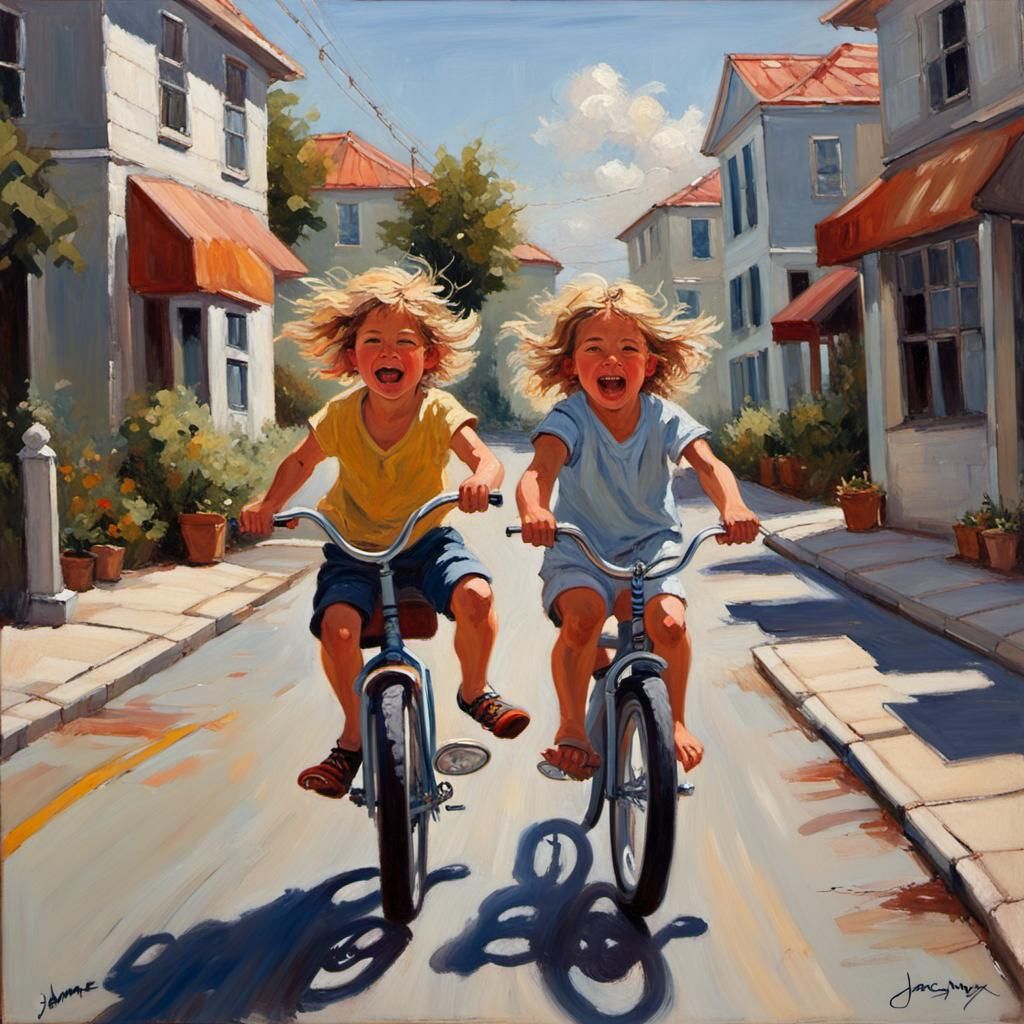 Child's Joyful First Bike Ride: Classic Oil Painting