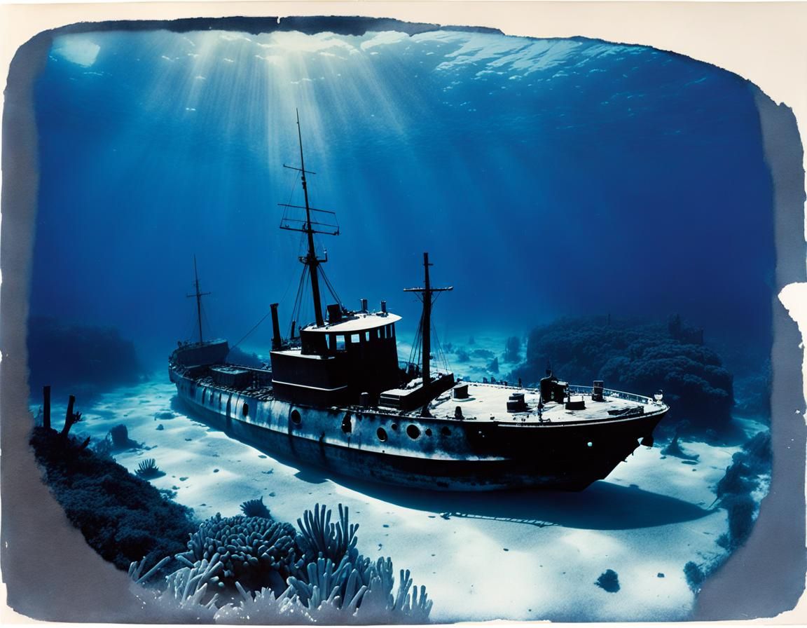Cyanotype Print of Sunken Caravel with Cthulhu