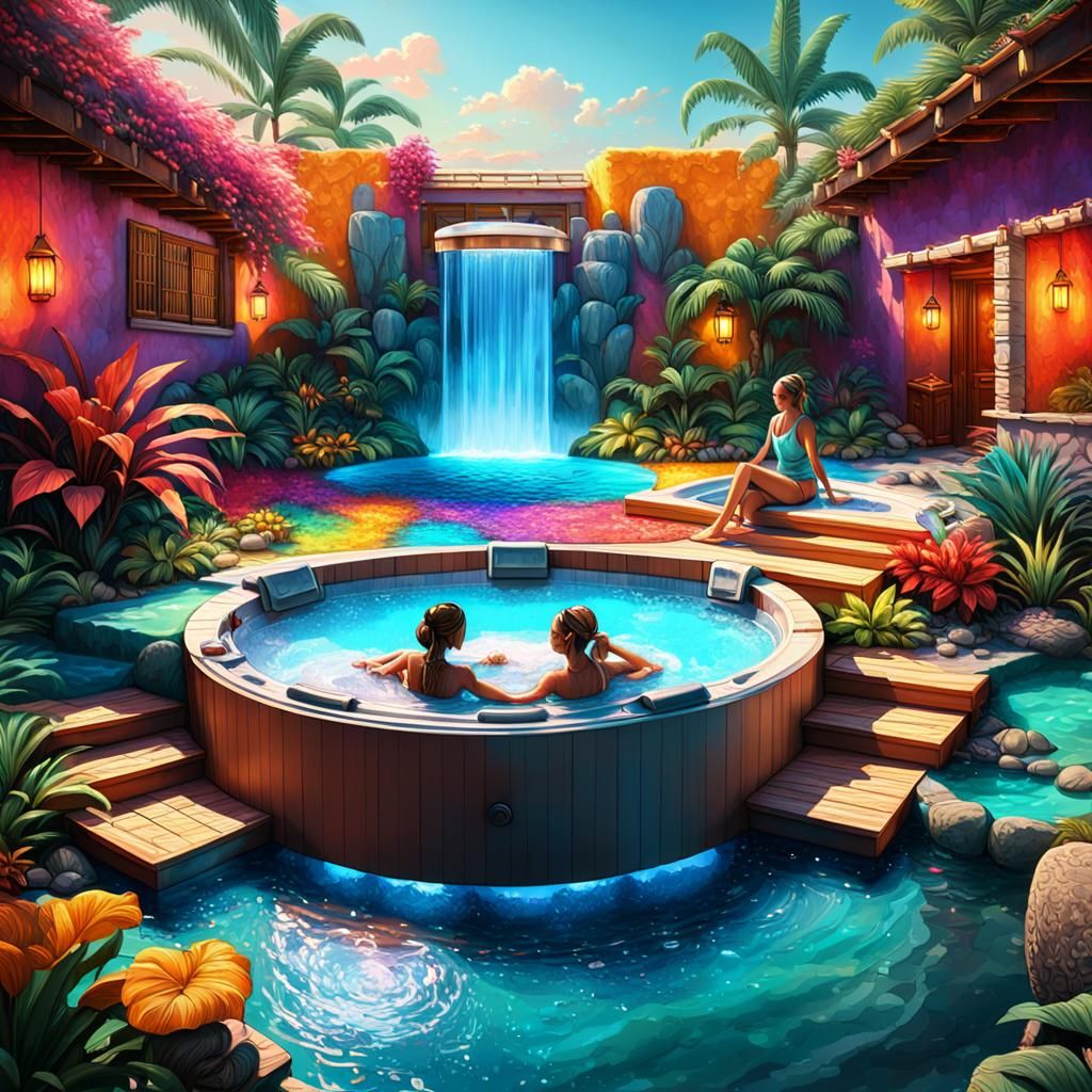 Colorful Backyard Hot Tub Escape in Process Art Style
