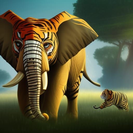 Elephant and Tiger Fusion in a Meadow