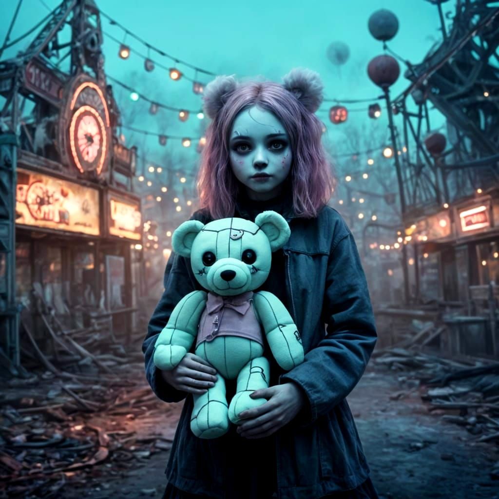 Girl in Abandoned Theme Park with Creepy Teddybear Companion