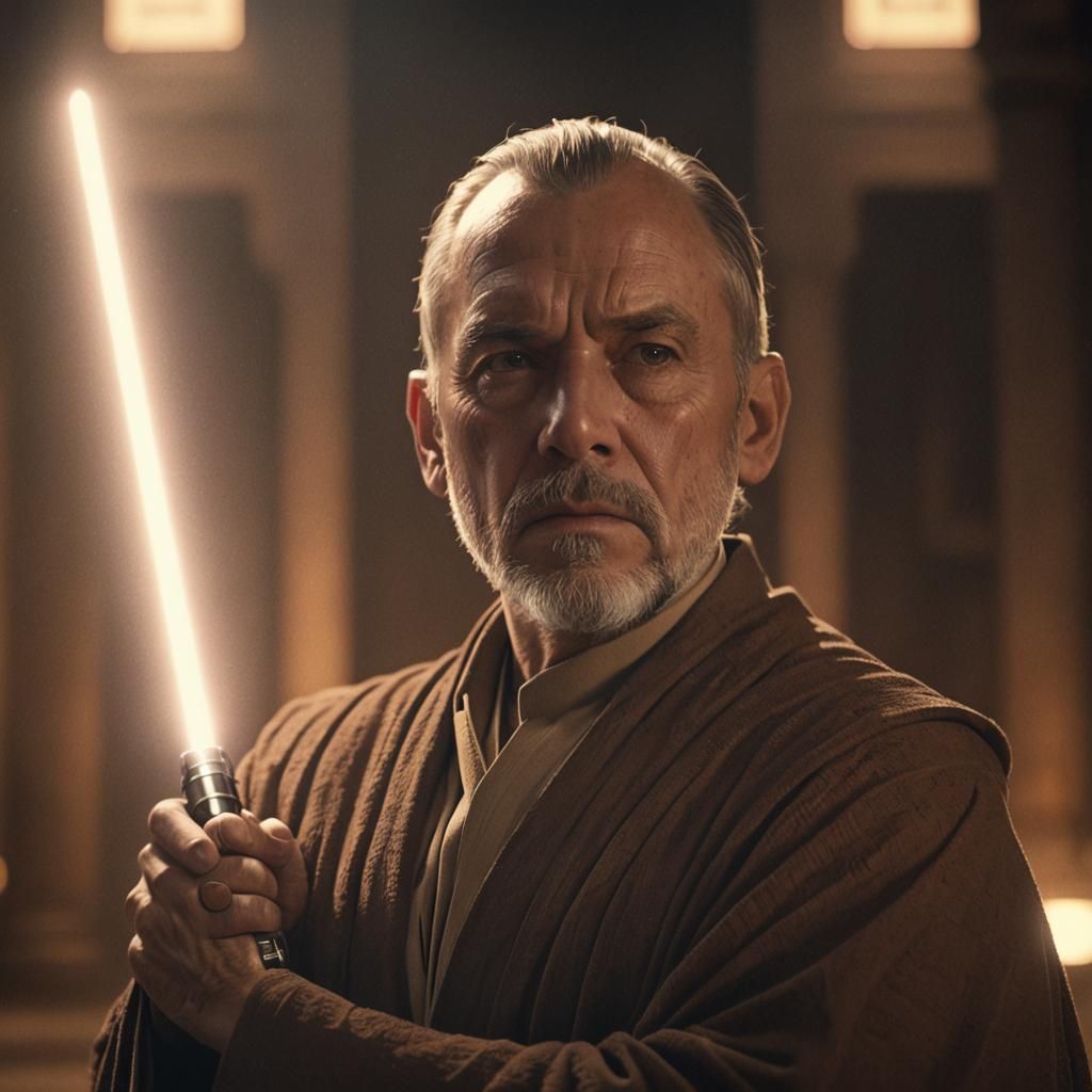 Jedi Master in Dimly Lit Temple: Realistic Sci-Fi Art