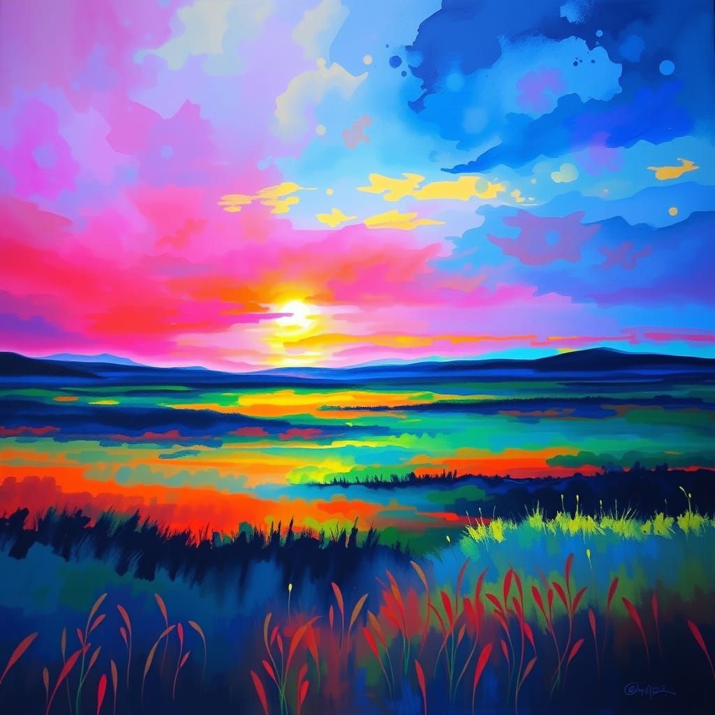 Electroluminescent Sunrise Dreamscape in Abstract Style