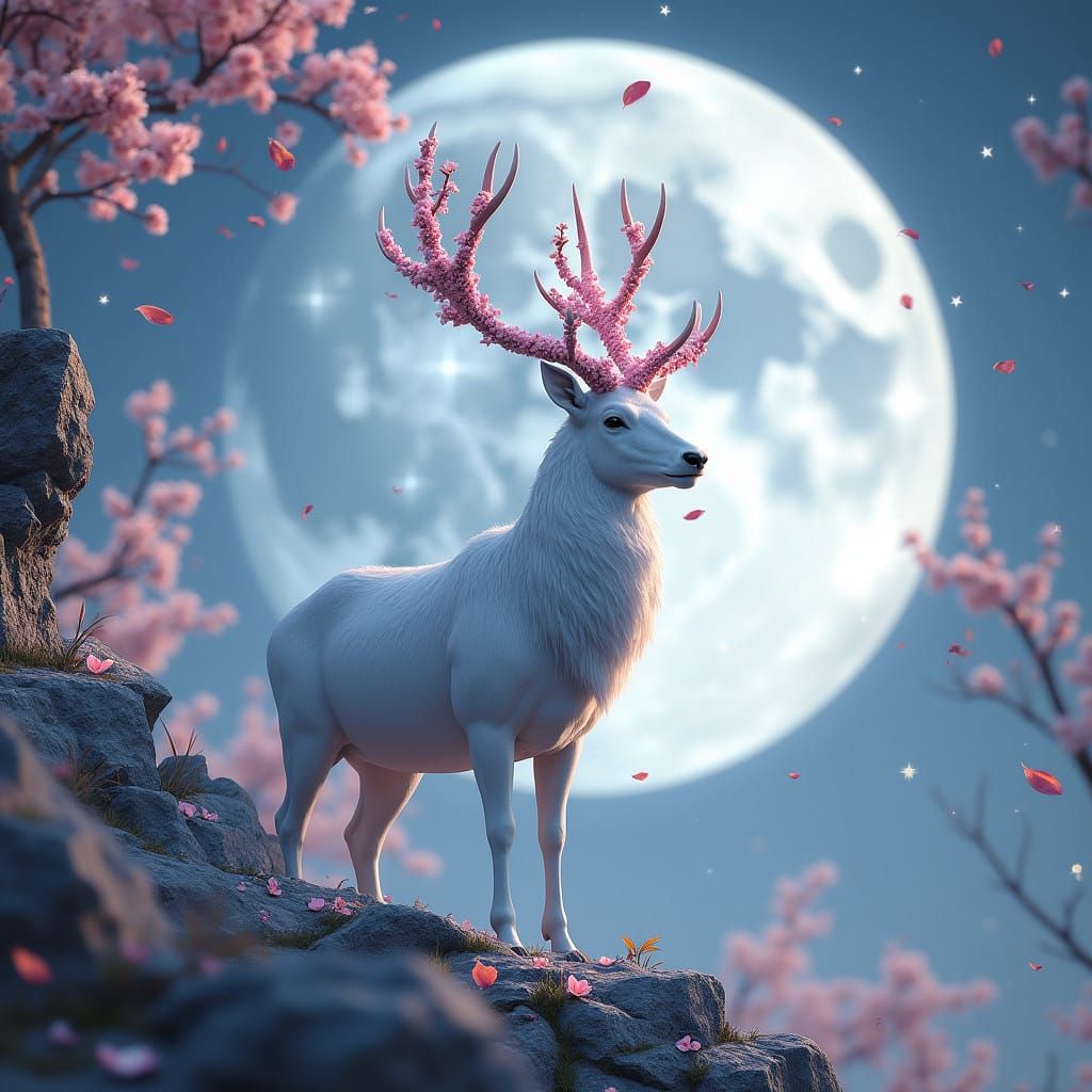 Majestic White Stag with Luminous Coat and Floral Crown