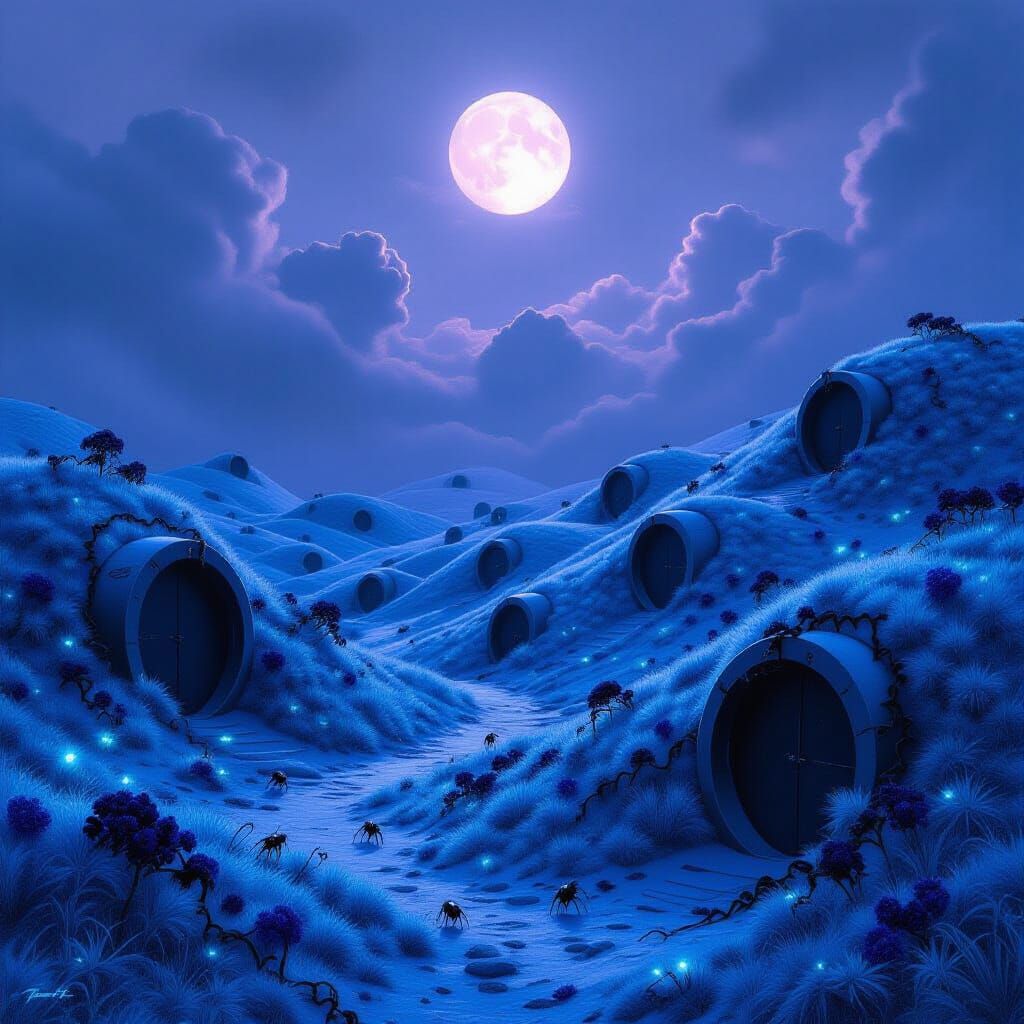 Desolate Alien Planet with Bioluminescent Insects