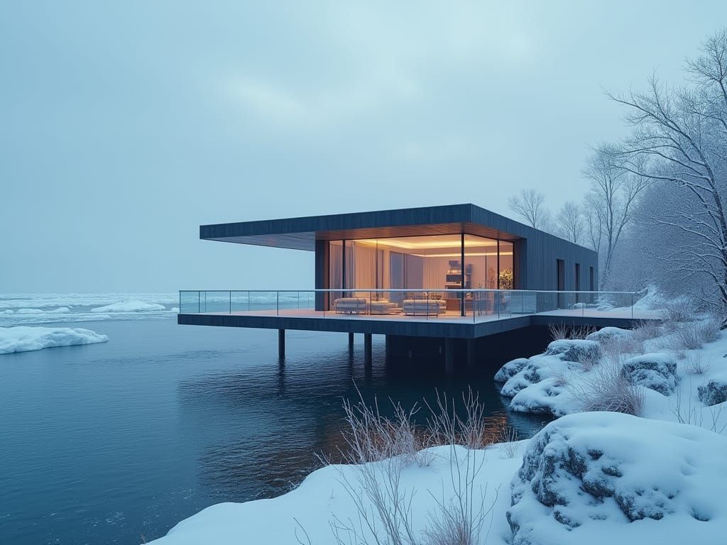 A modern arctic ocean home on a frozen coastline, insulated ...