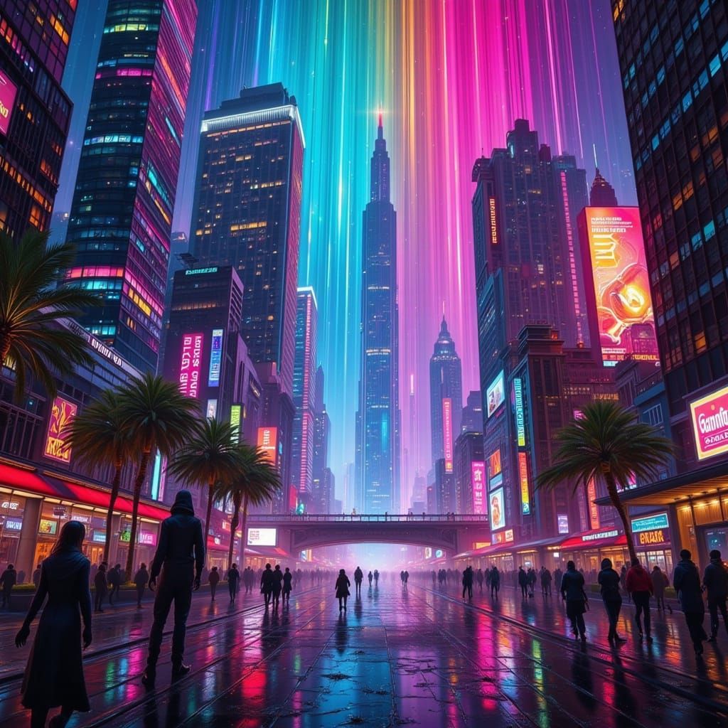 Cyberpunk Fae in a Futuristic Cityscape with Rainbow Rain