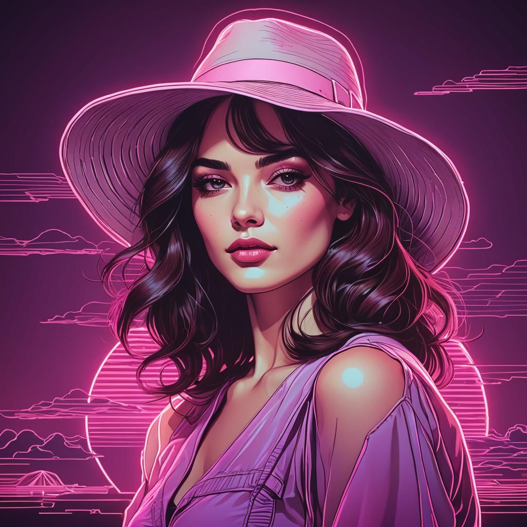 Brunette Woman in Summer Hat: Synthwave Line Art