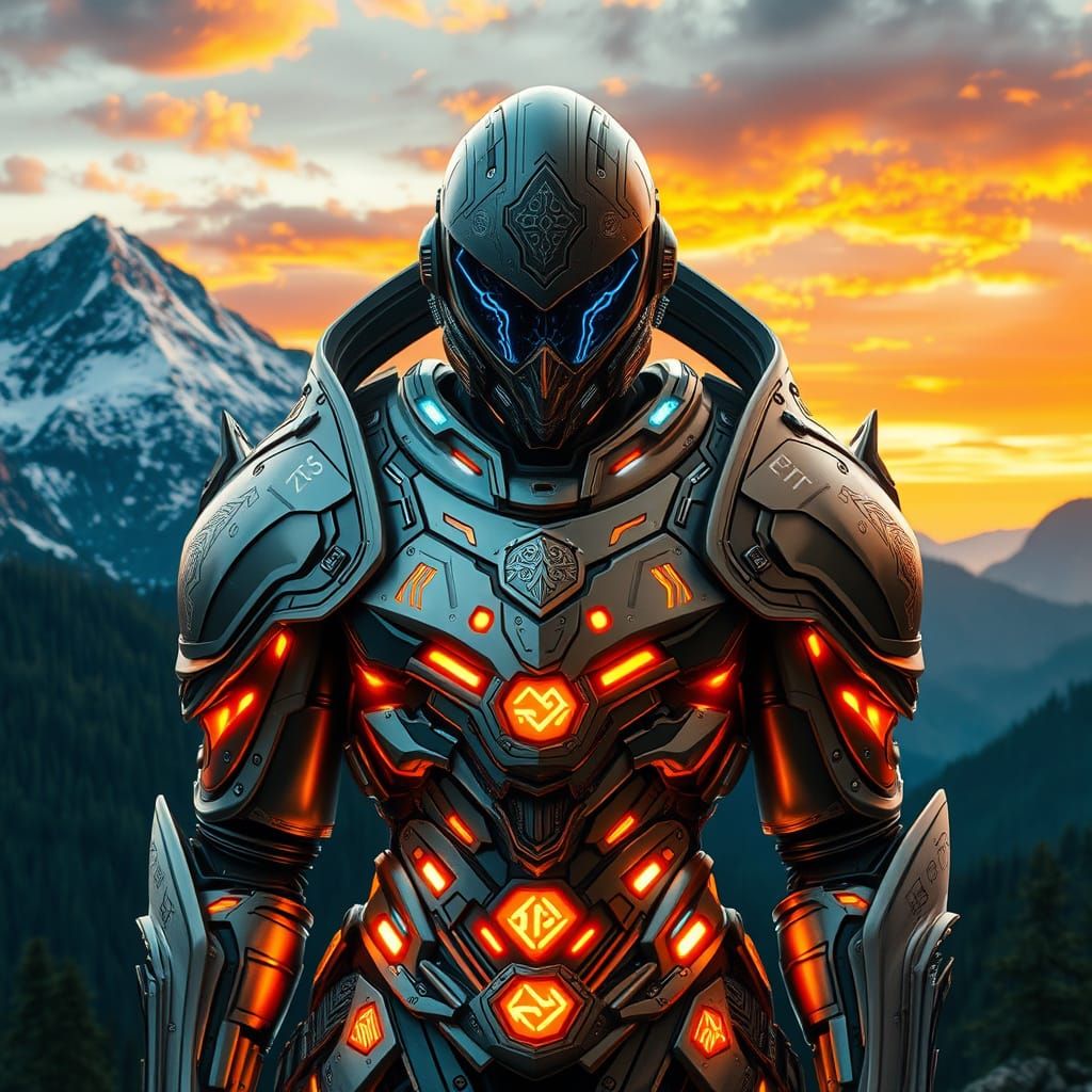 Futuristic Living Armor Against Mountain Landscape