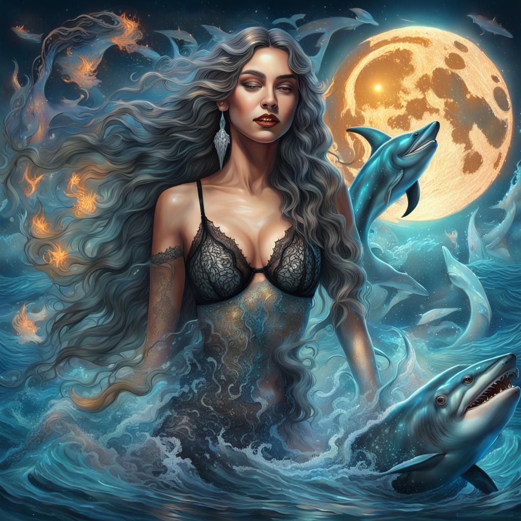 Smiling Woman Posing on Shark with Mermaid, Cosmic Illustrat...