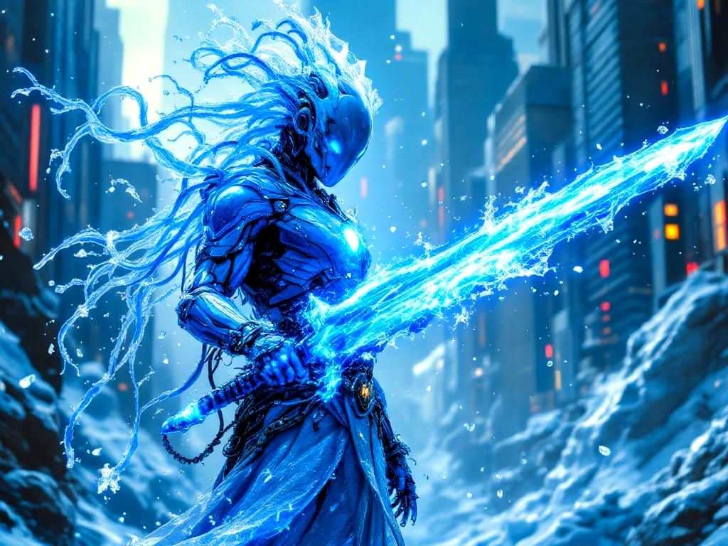 Surreal Shaman Wields Elemental Sword in Cyberpunk Cityscape