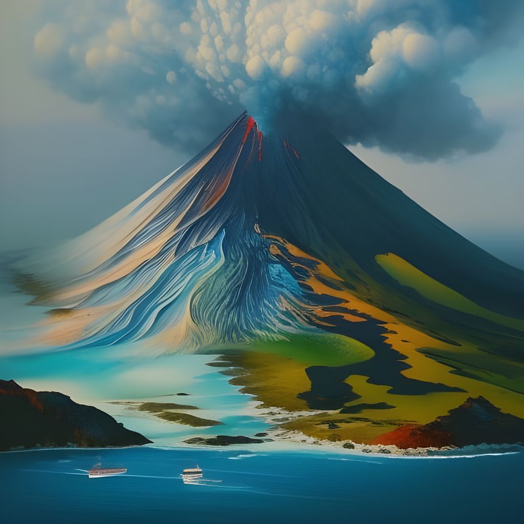 Island Volcano: A Watercolor Gouache Painting