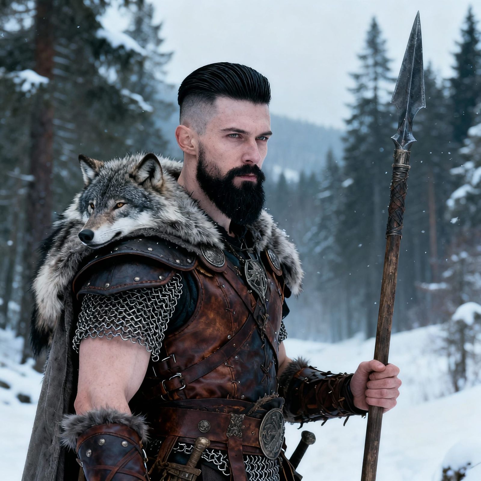 Epic Male Barbarian Warchief in Winter Forest