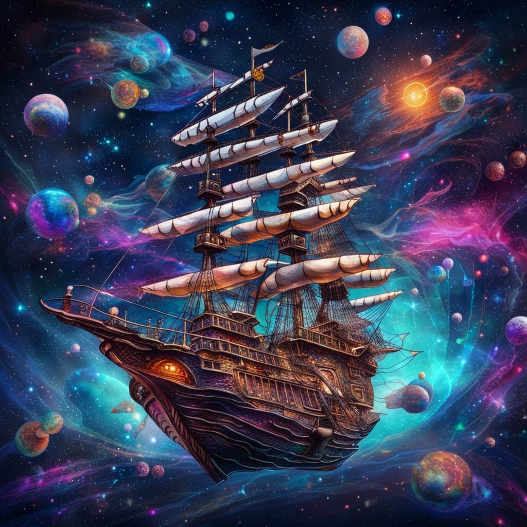 Astral Pirate Ship Soaring Through Space