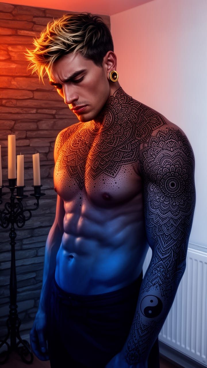 Muscular Man with Blackwork Tattoos and Ear Gauge