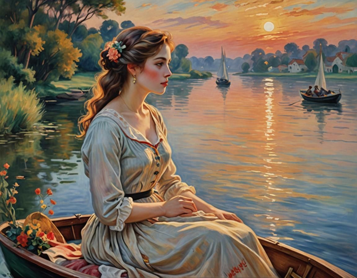 Boating at Sunset in Impressionistic Style