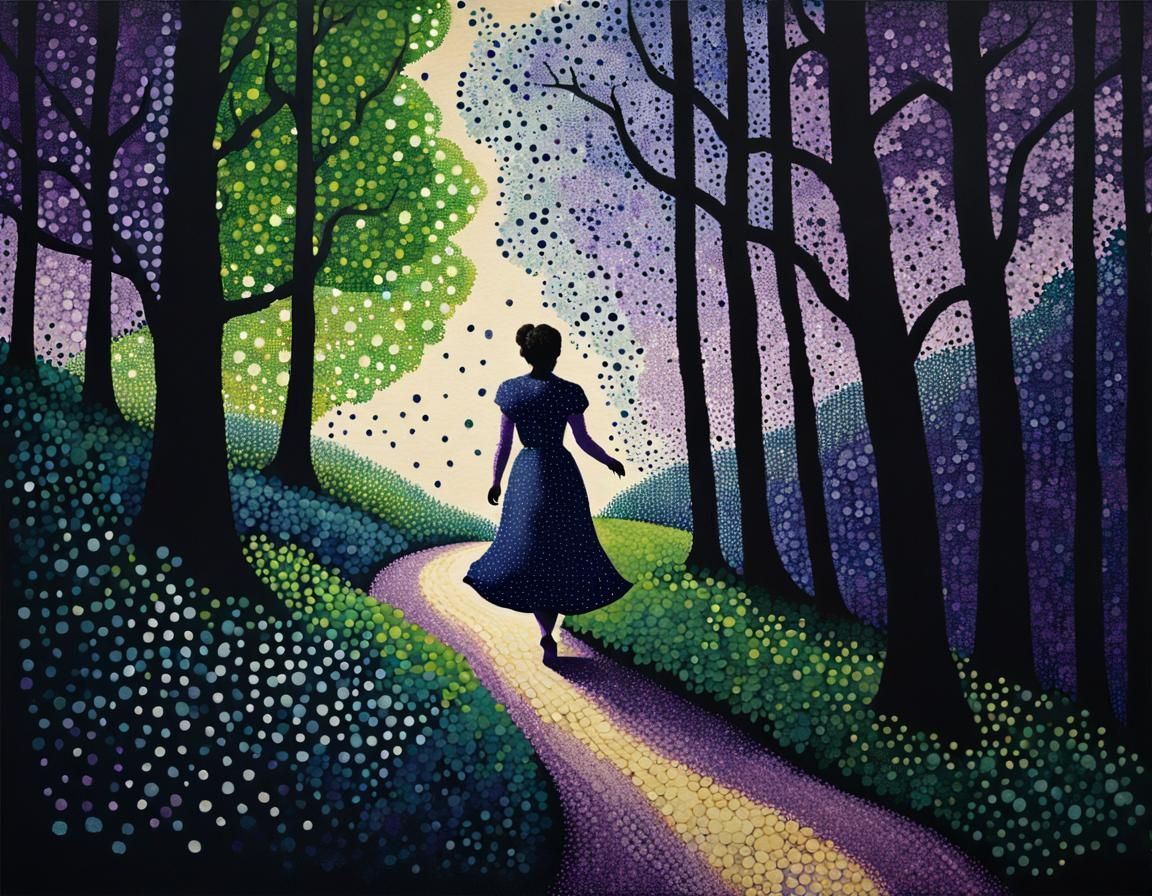 Woman on Forest Path in Pointillism Style