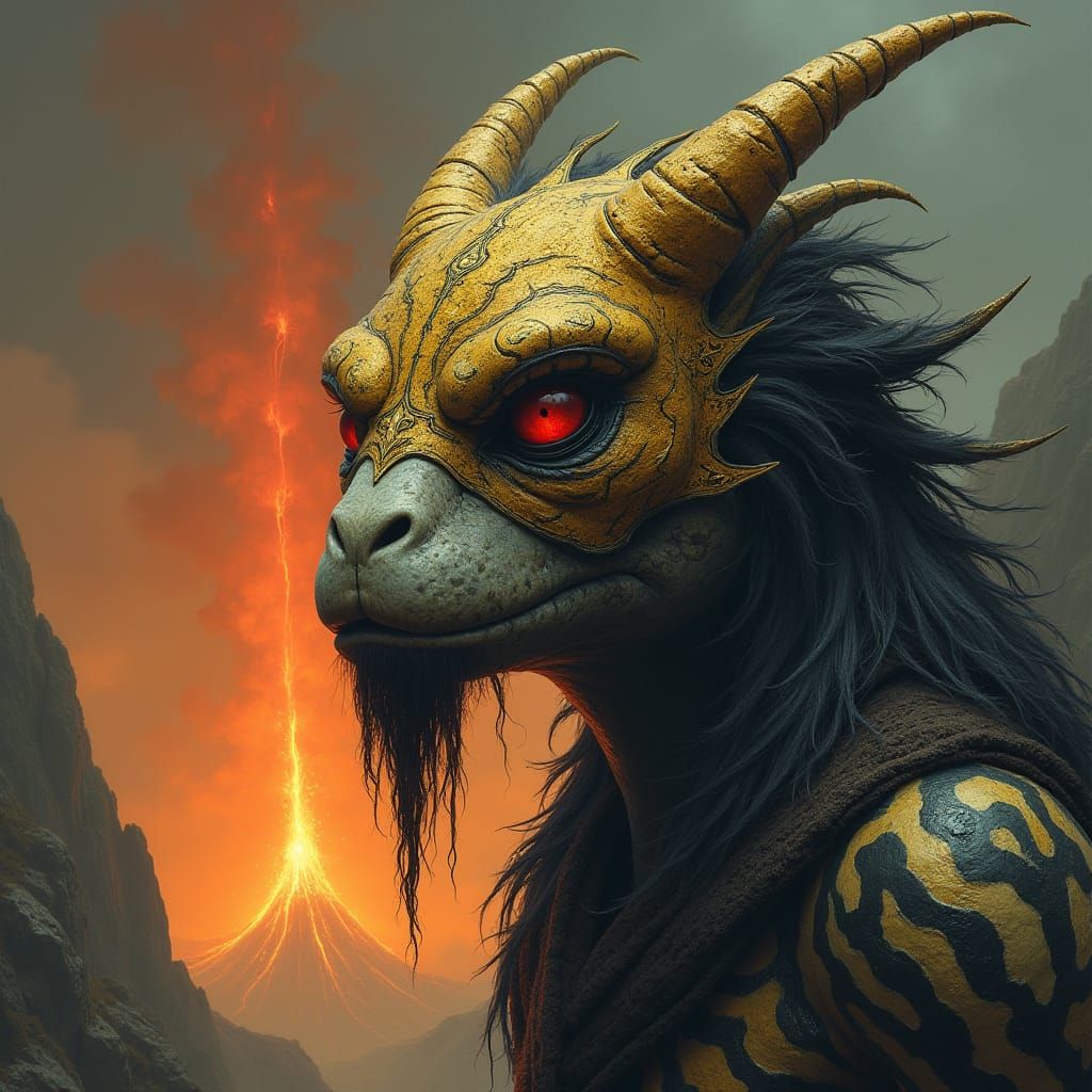 Fantasy Creature with Gold Mask Before Volcano