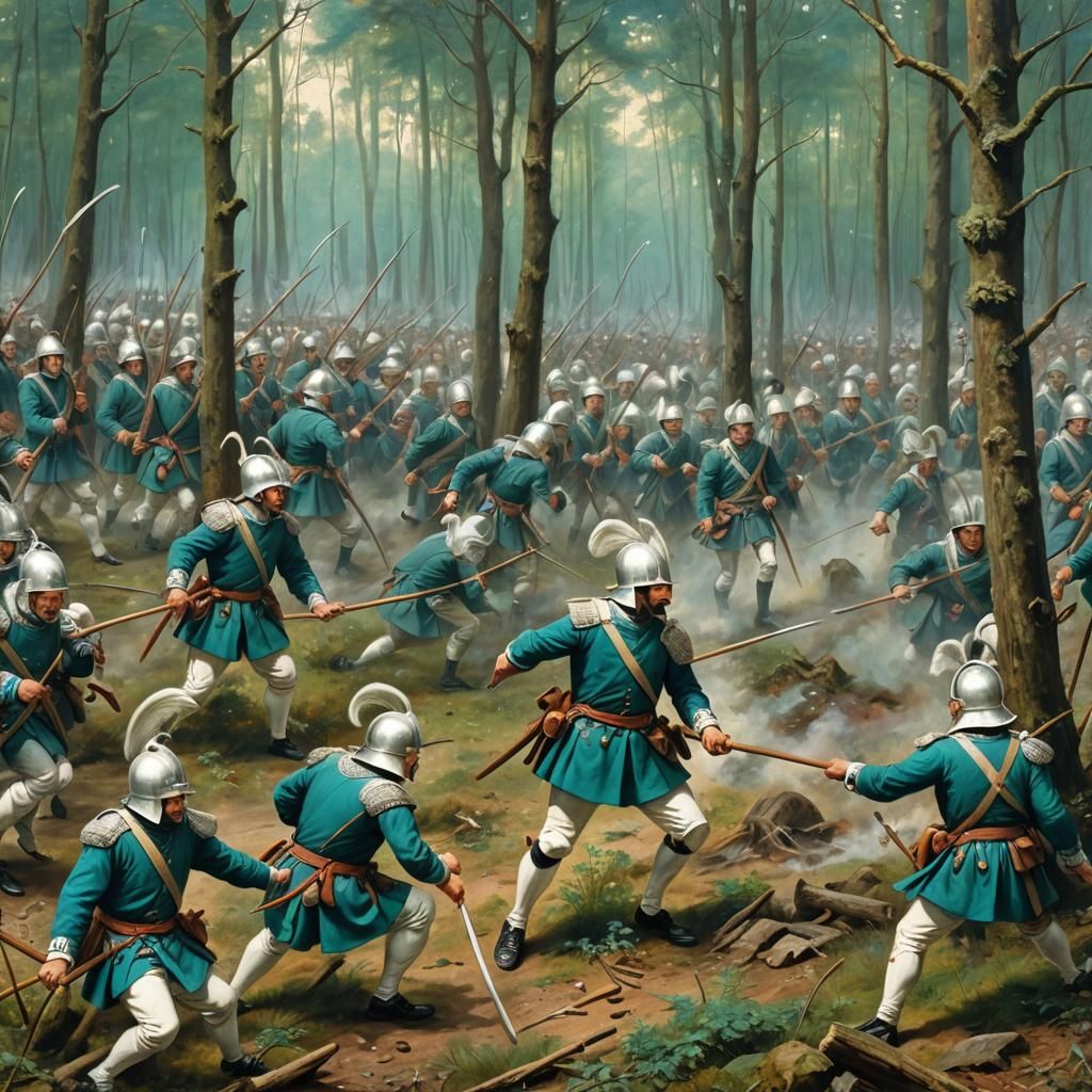 Pikemen Clash with Fantasy Creatures in Forest Battle