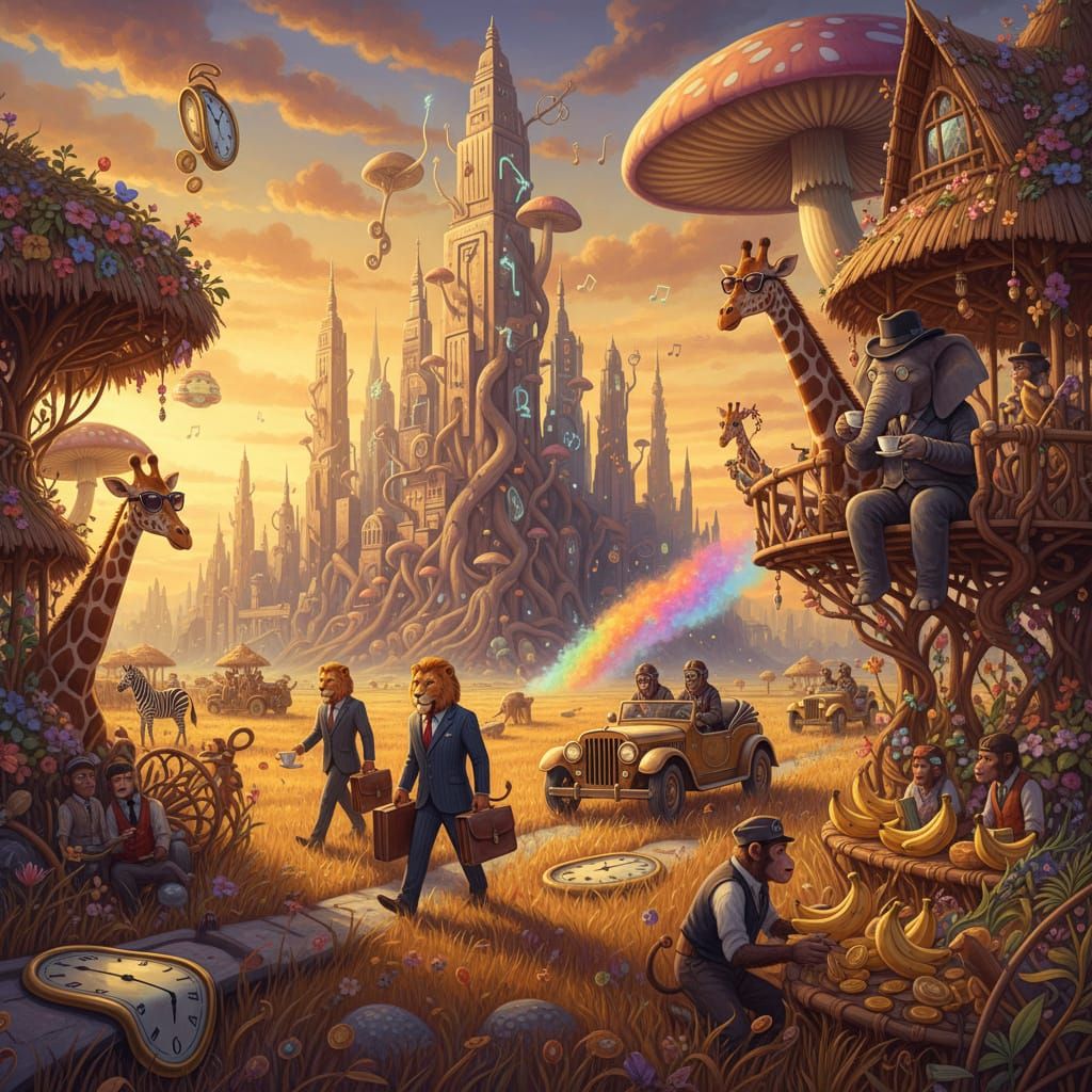 Surreal Safari Animals in Business Suits at Sunset