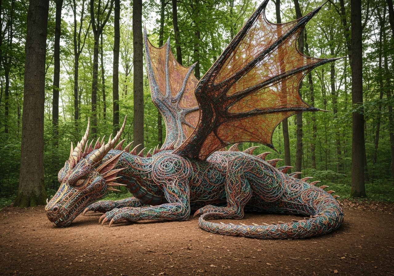 Metal Wire Dragon Sculpture in Forest