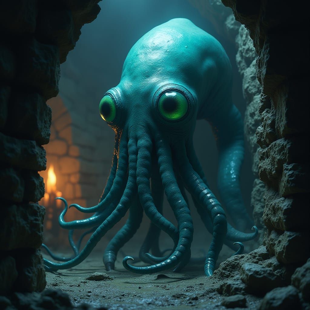 Ethereal Blue Abomination Emerges from Dungeon Shadows