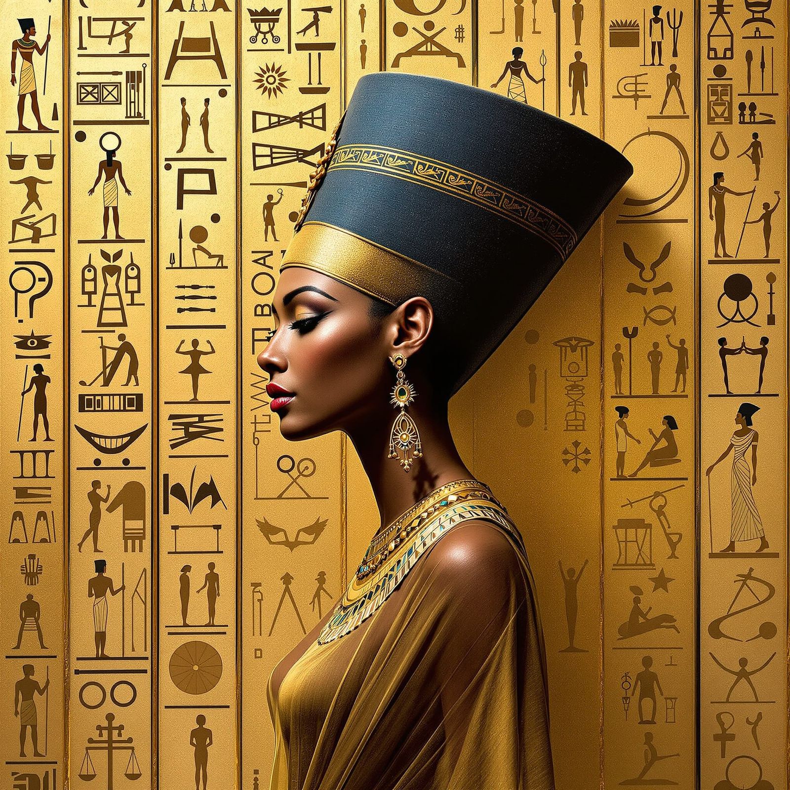 Nefertiti in Golden Hieroglyphic Klimt Fusion
