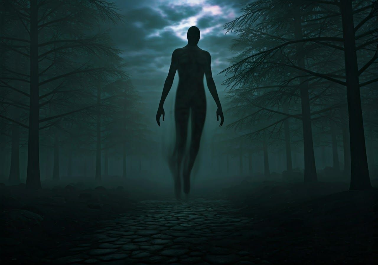 Eerie Shadow Figure Levitating in Misty Forest