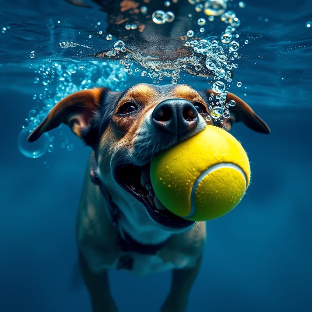 A dog under water while trying to catch a yellow tennis ball...