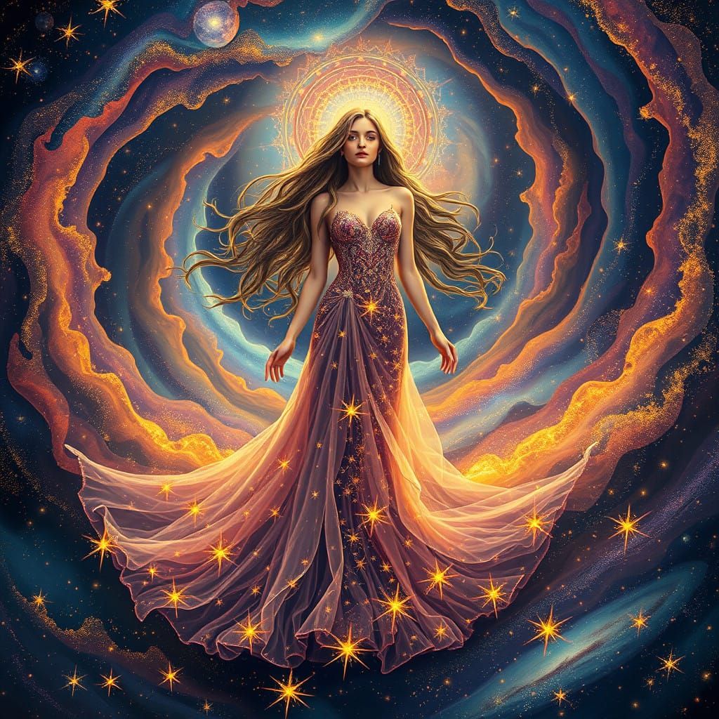 A Serene Goddess Amidst Swirling Galaxies
