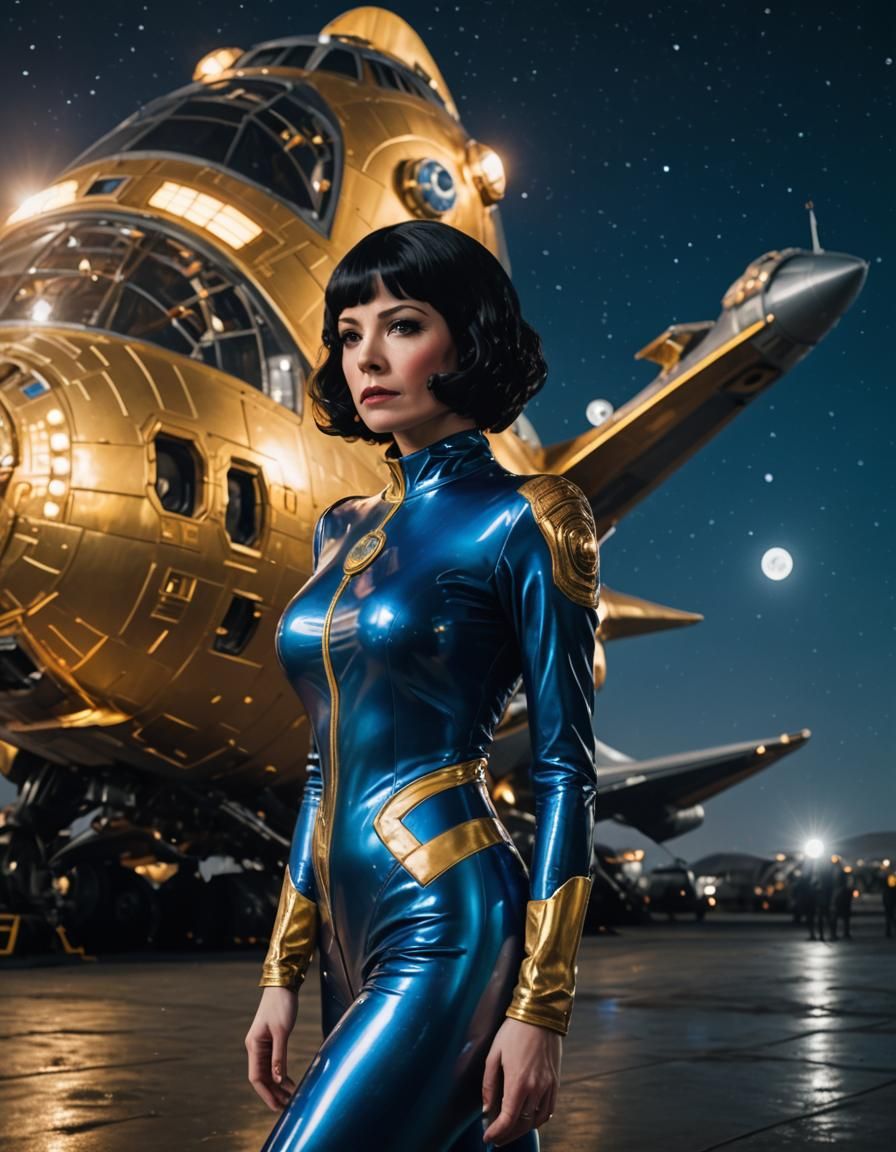 Woman in Gold and Blue Suit with Spaceship