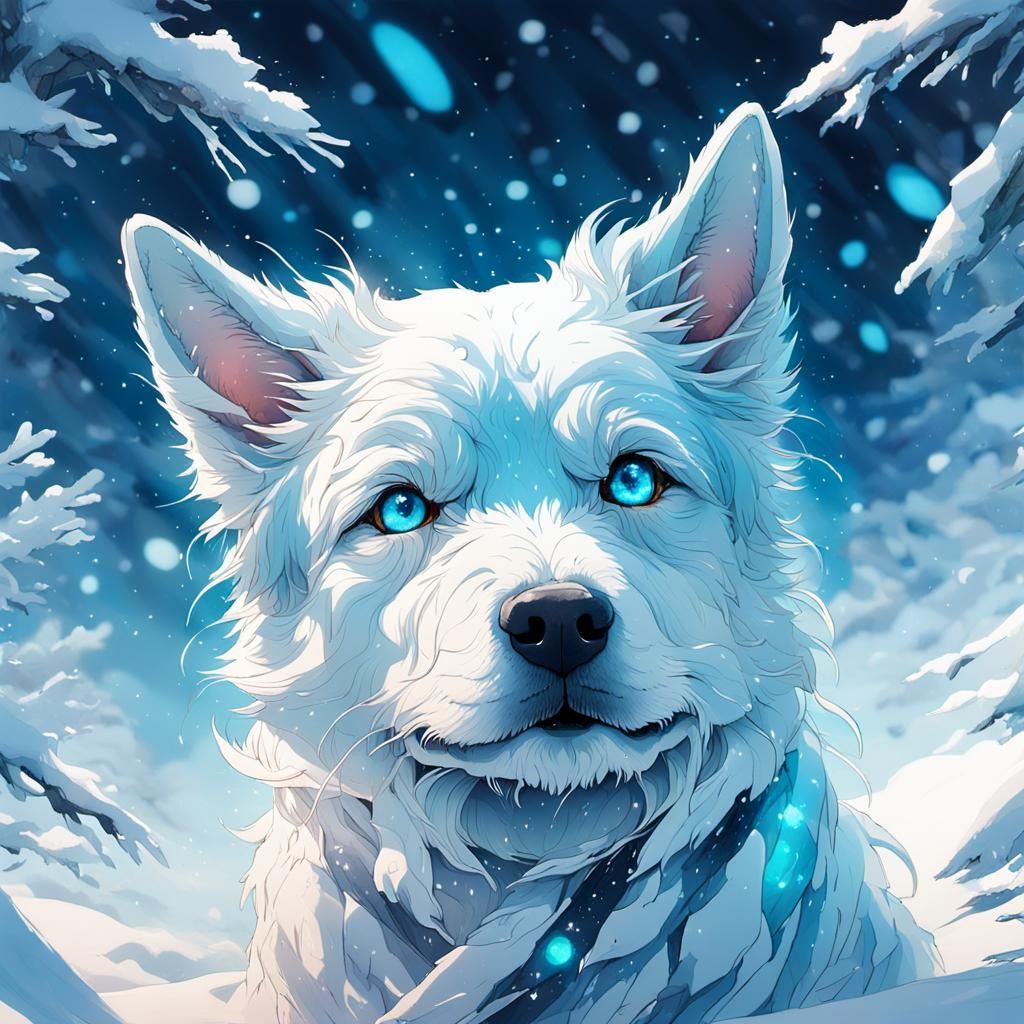 cute adorable snow dog under the snow in a bioluminescent gl...