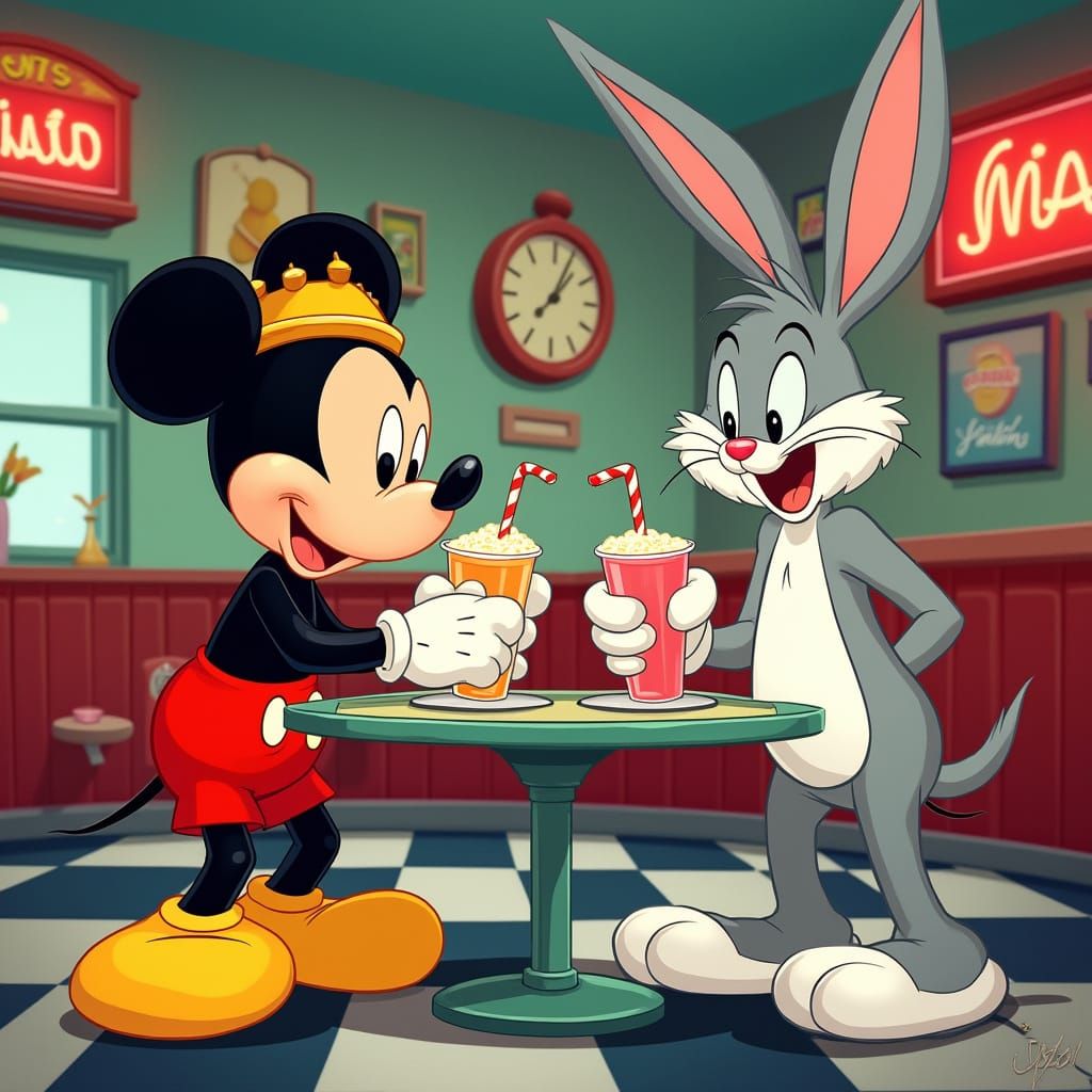 Vintage Cartoon Duo Debate Colorful Malts at Retro Diner