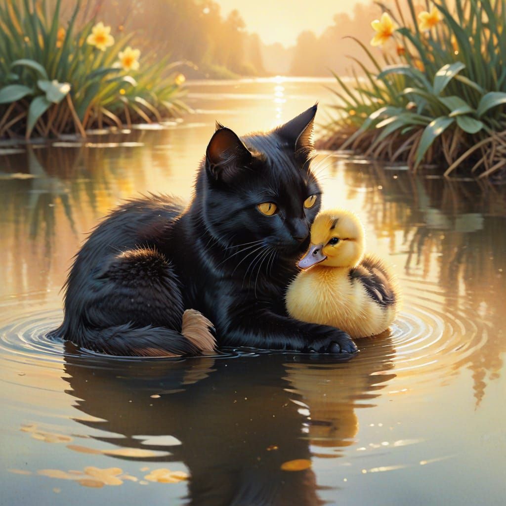 Whimsical Watercolor Illustration of a Black Cat and Ducklin...
