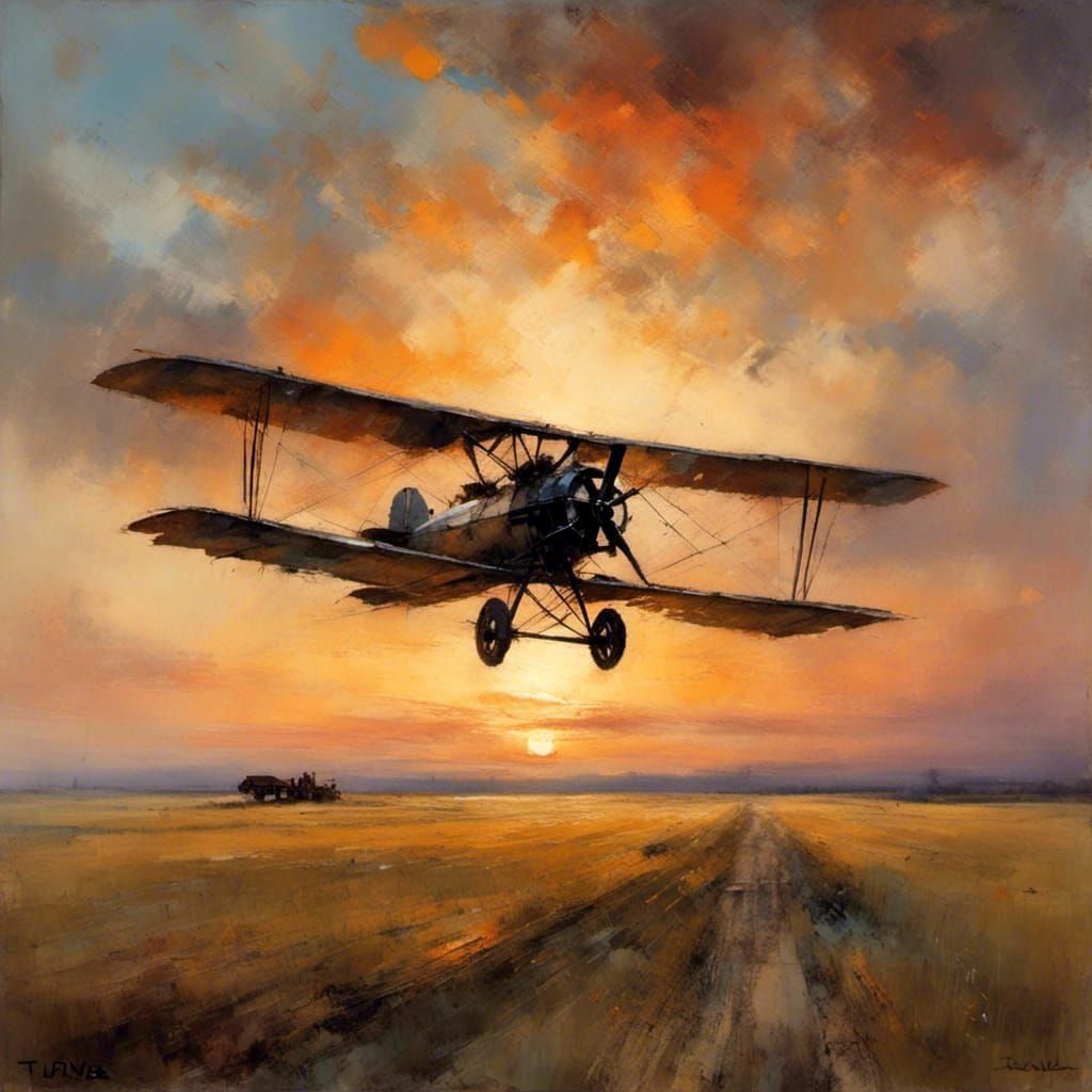 Biplane Landing: Dark Impasto Sunset Oil Painting