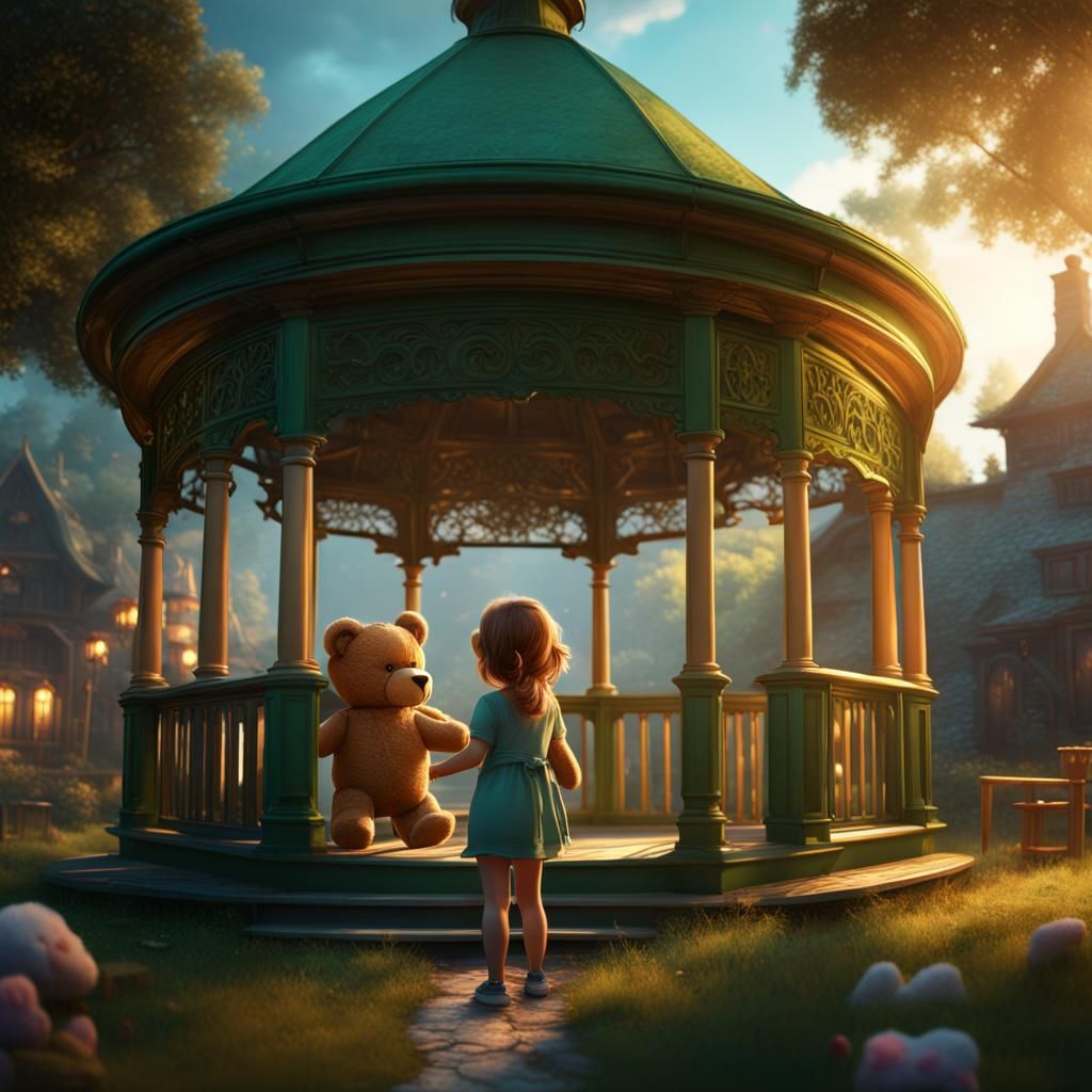 Girl and Teddy by Old Gazebo: Fantasy Art