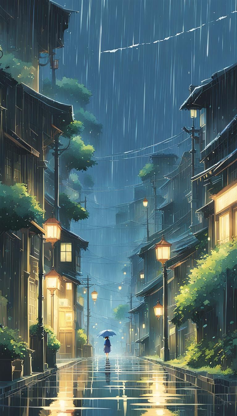 Anime Rain Scene in Studio Ghibli Style