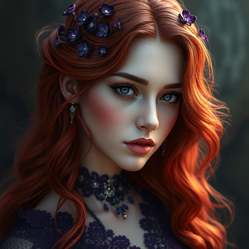 The image features a woman with long, wavy red hair adorned with small dark flowers and jewels. She wears intricate purp...