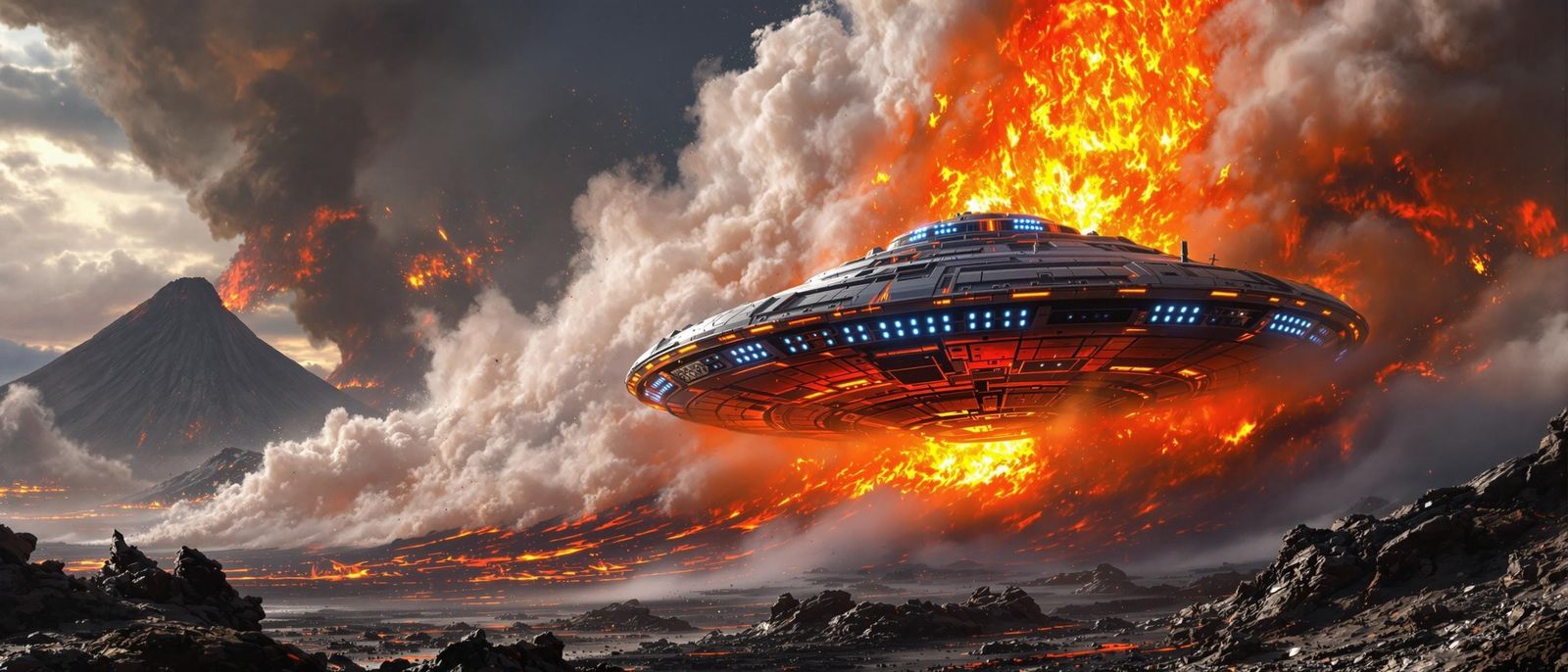 Apocalyptic UFO Descends into Volcanic Inferno