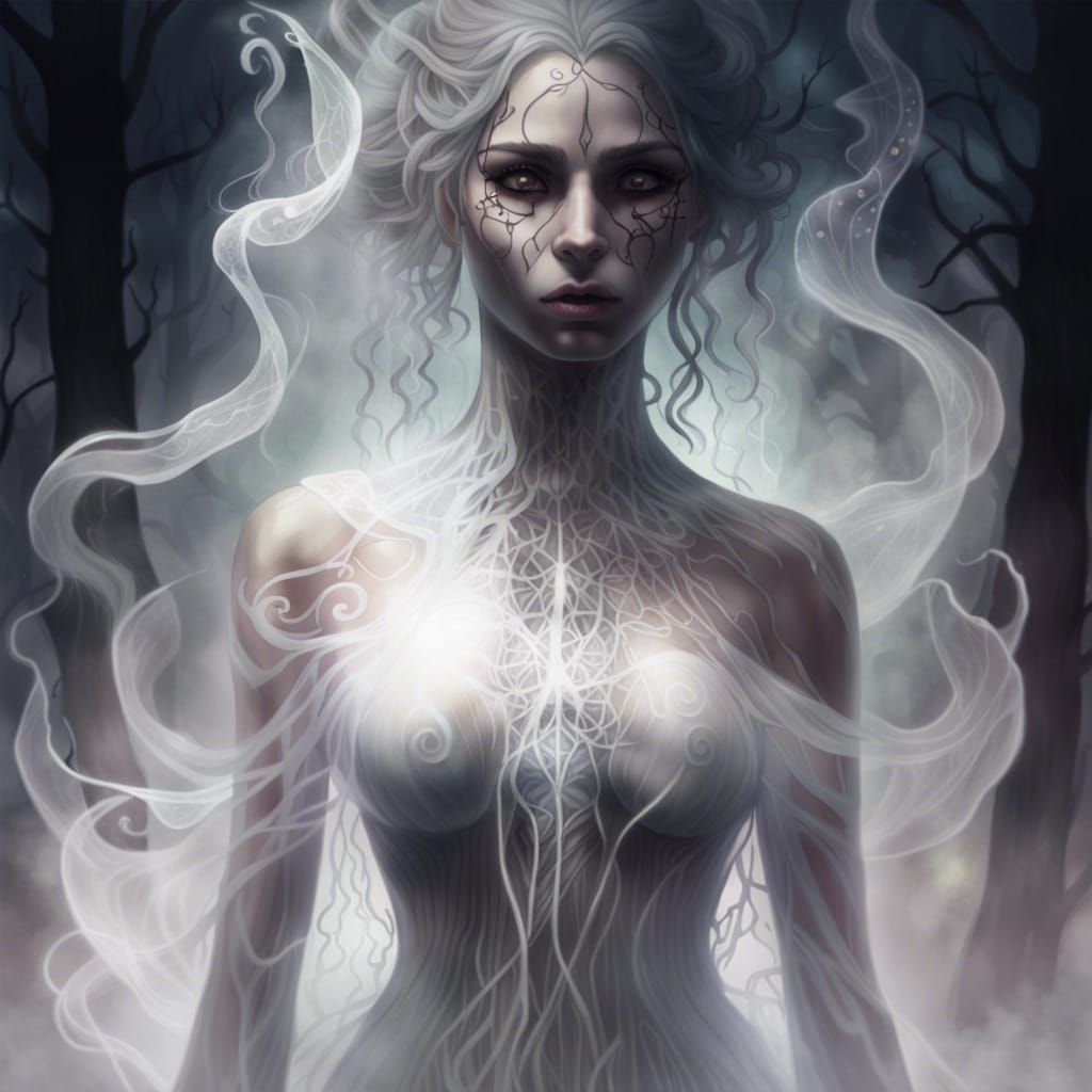 Ethereal Woman Made of Smoke in Dark Forest