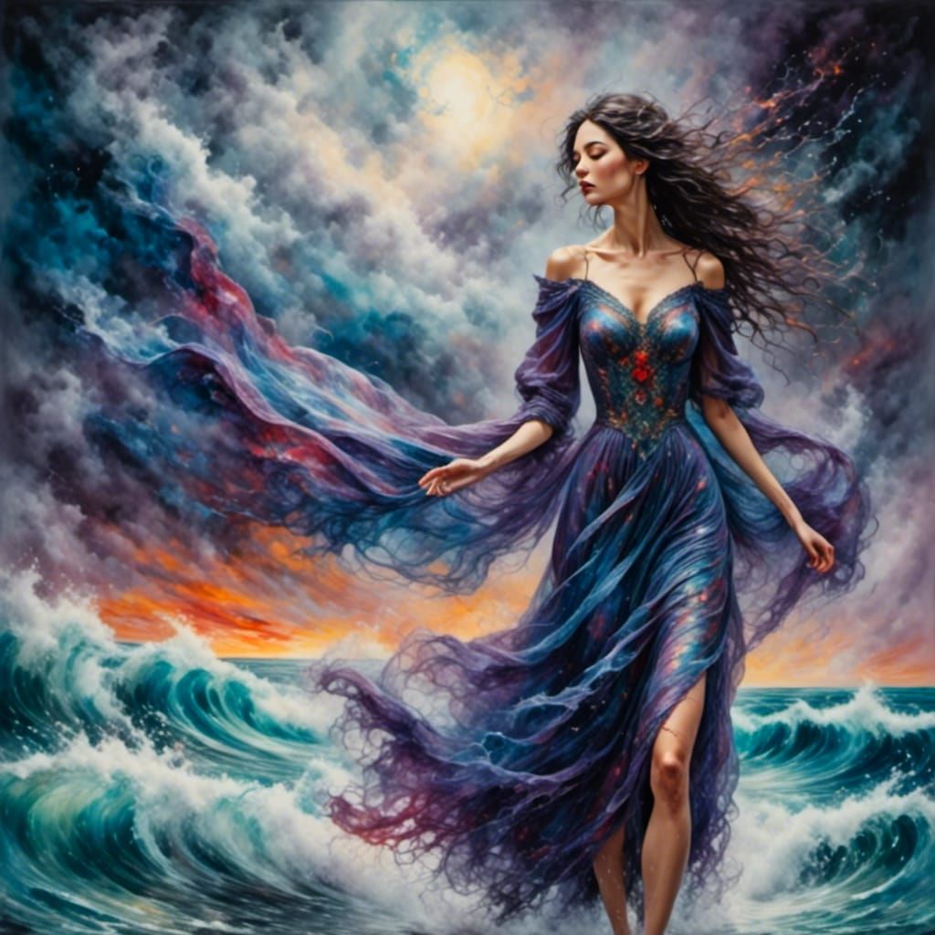 Woman Walks Through Stormy Ocean in Mixed Media