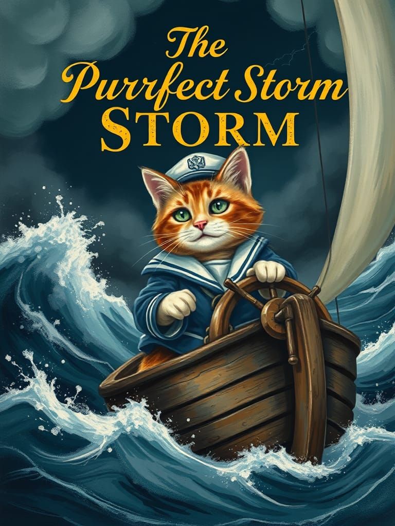 Cat Sailor Navigating Stormy Seas as Gouache Painting