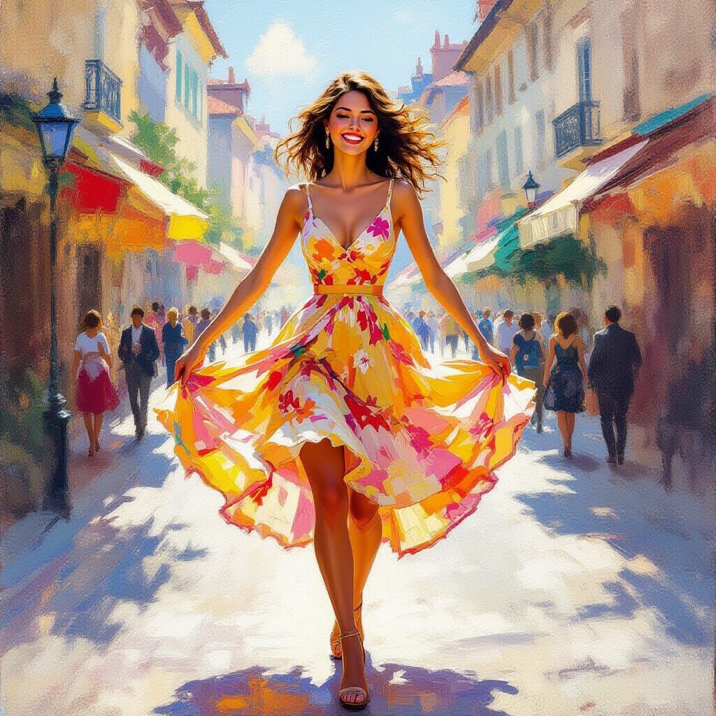 Joyful Woman Dancing in Sunlit Street