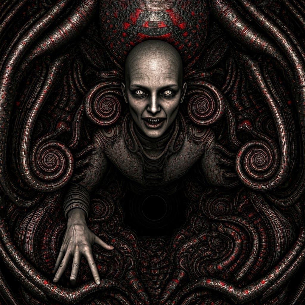 Op Art-Steampunk Machine with Creepy Humanoid in 3D