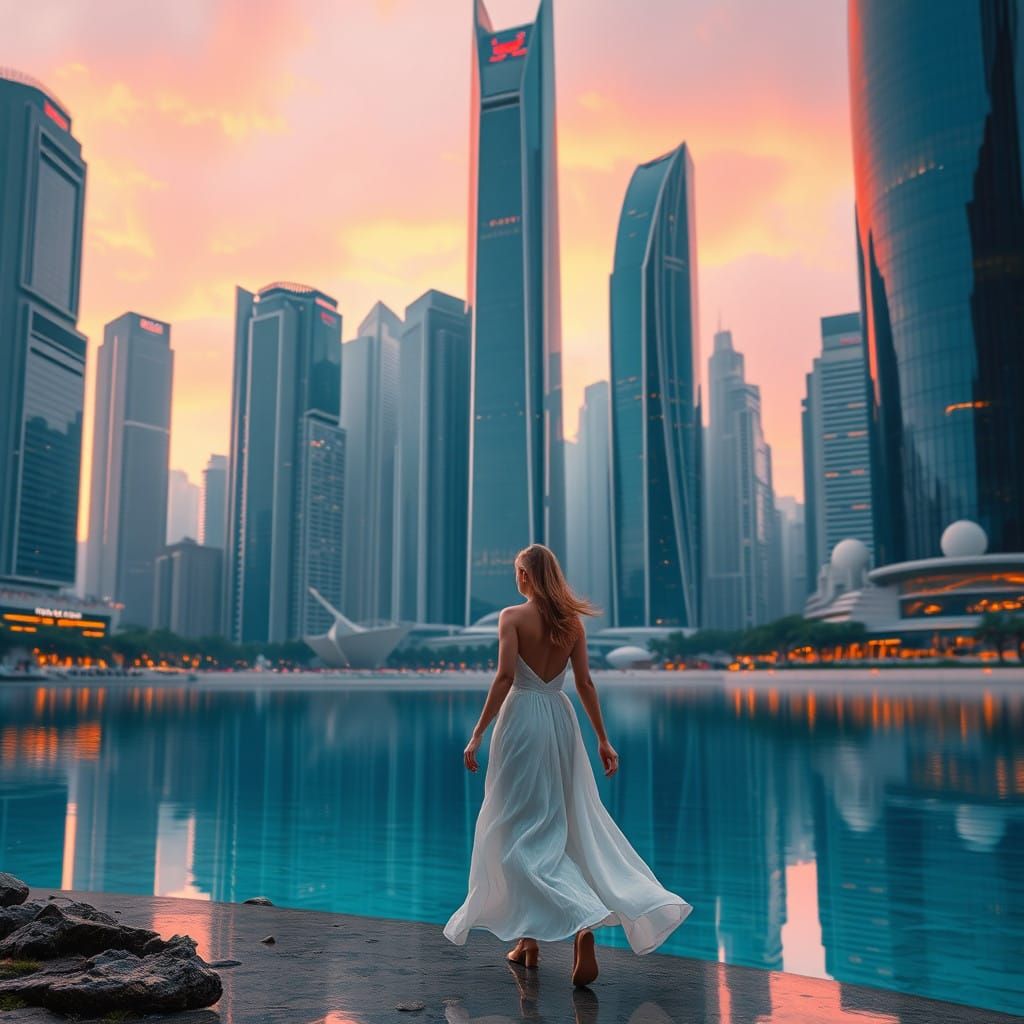 Surreal Futuristic Cityscape at Sunset with Glass Skyscraper...