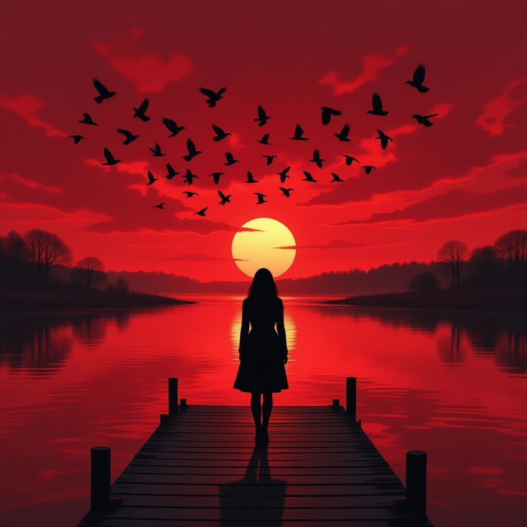 Eerie Sunrise with Ravens: Beksiński-Inspired Scene