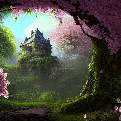 Abandoned Castle Hidden in Cherry Blossom Jungle