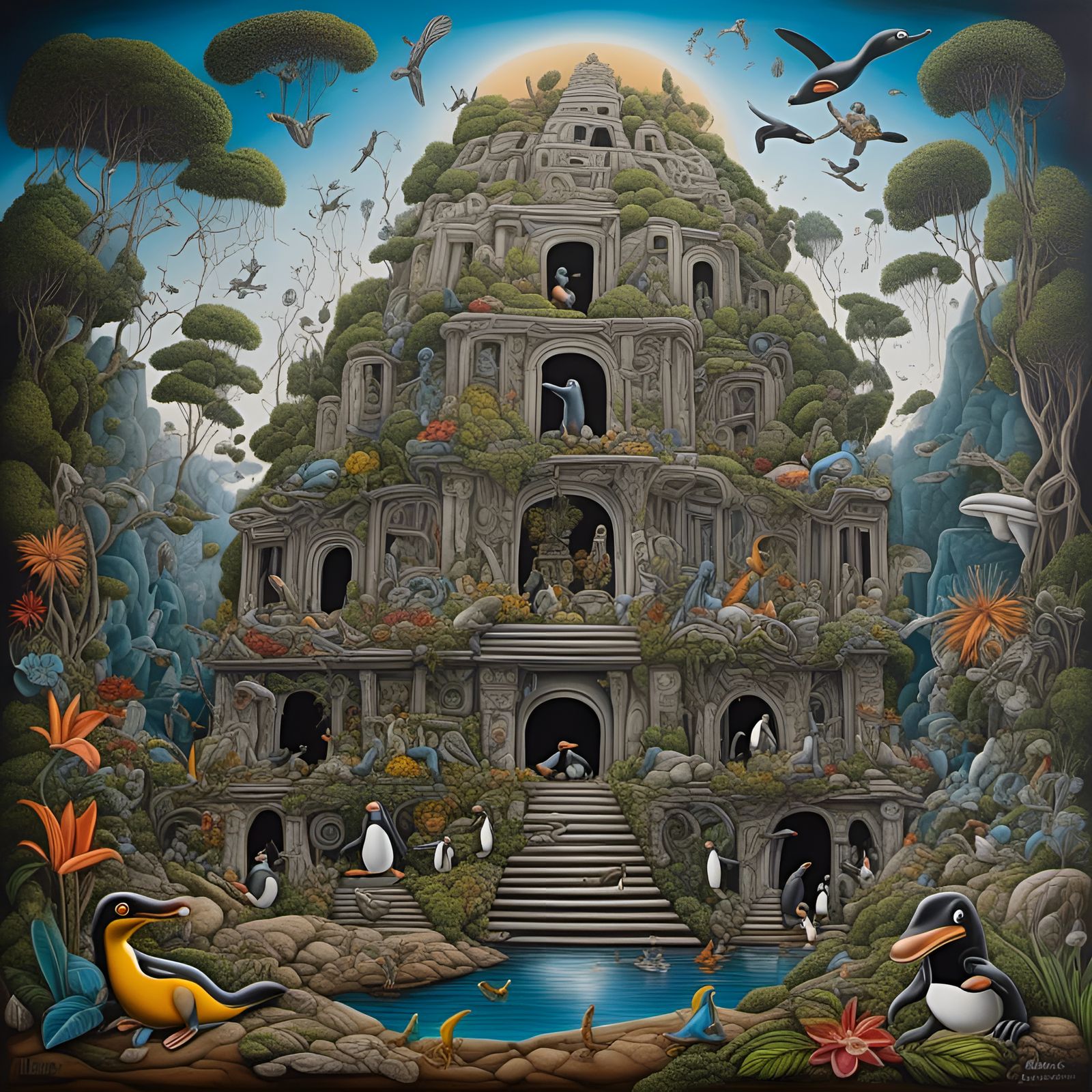 Surreal Mayan Temple in Jungle Flower Garden