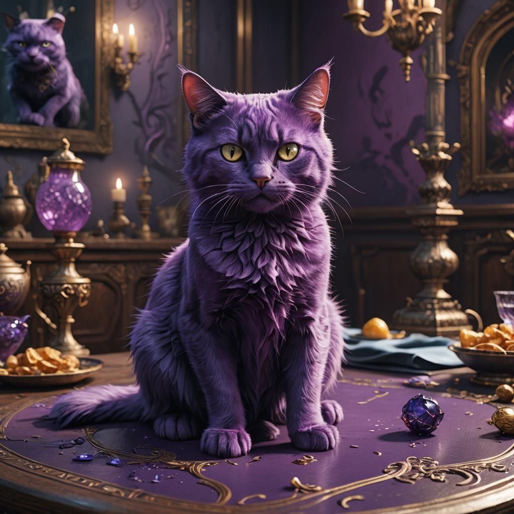 Purple Cat on Table, Detailed Matte Painting