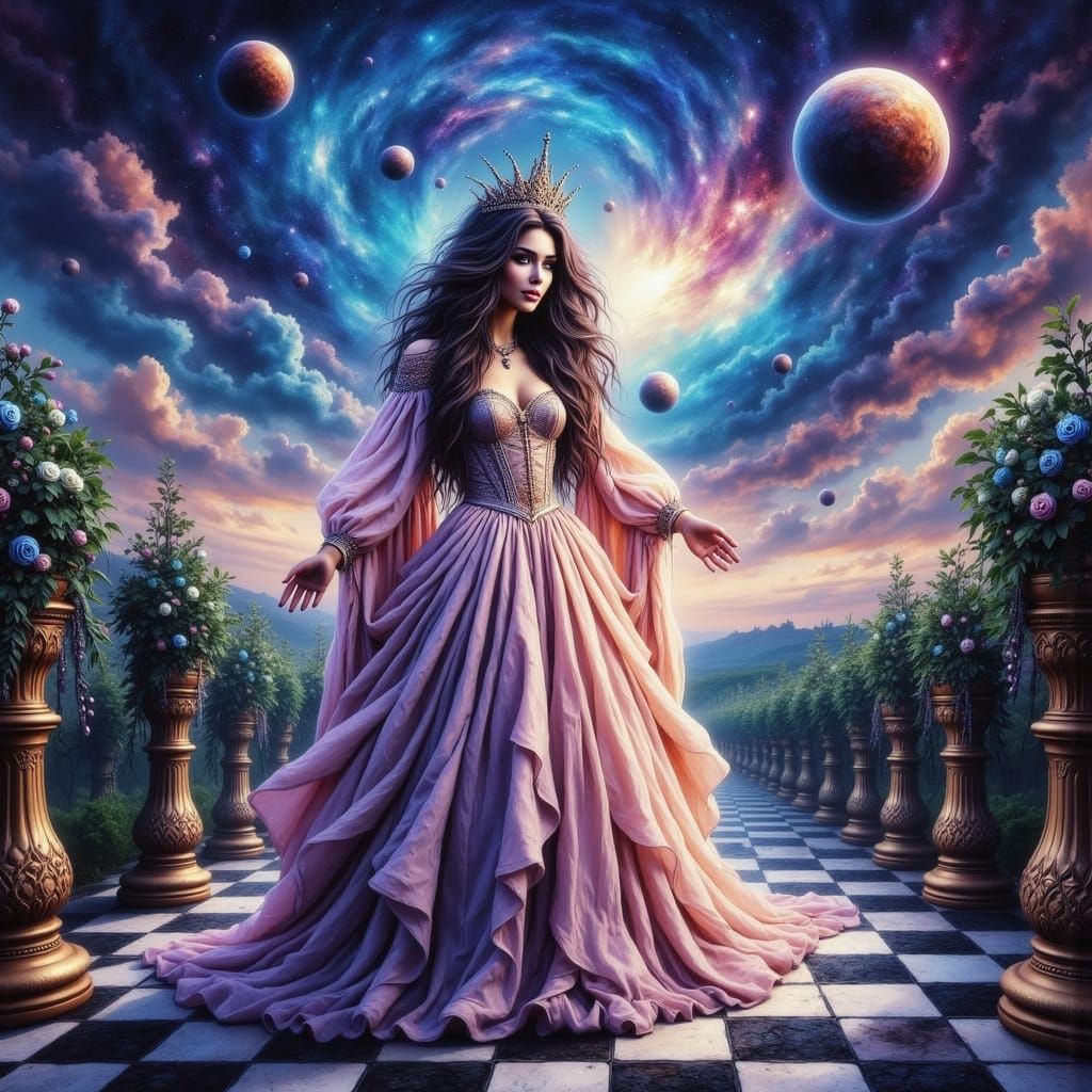 Surreal Queen of Wonderland Reigns on a Celestial Chessboard